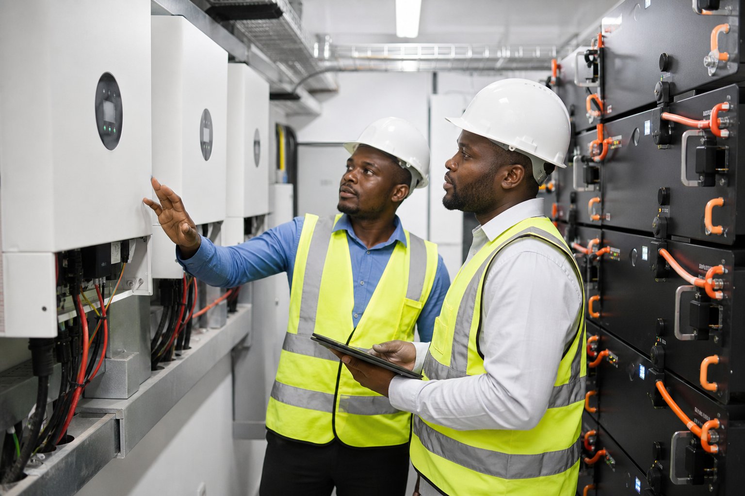 Solarmax Kenya engineers inspecting inverter and battery installation